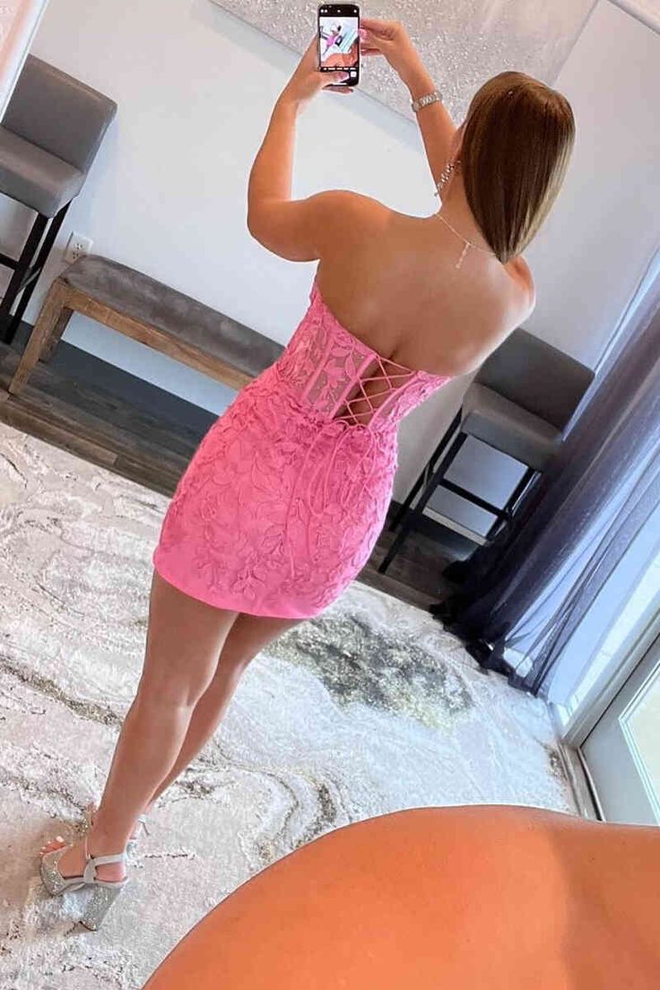 Lace-Up Hot Pink Corset Appliqued Bodycon Homecoming Dress P2283