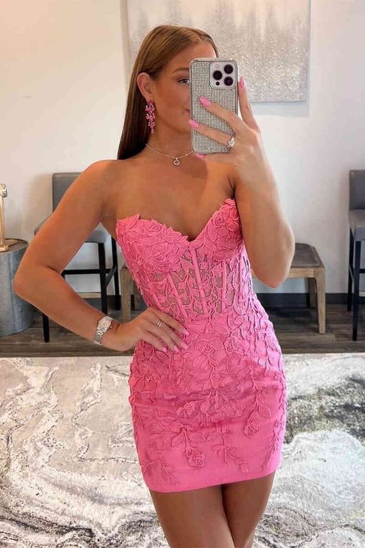 Lace-Up Hot Pink Corset Appliqued Bodycon Homecoming Dress P2283