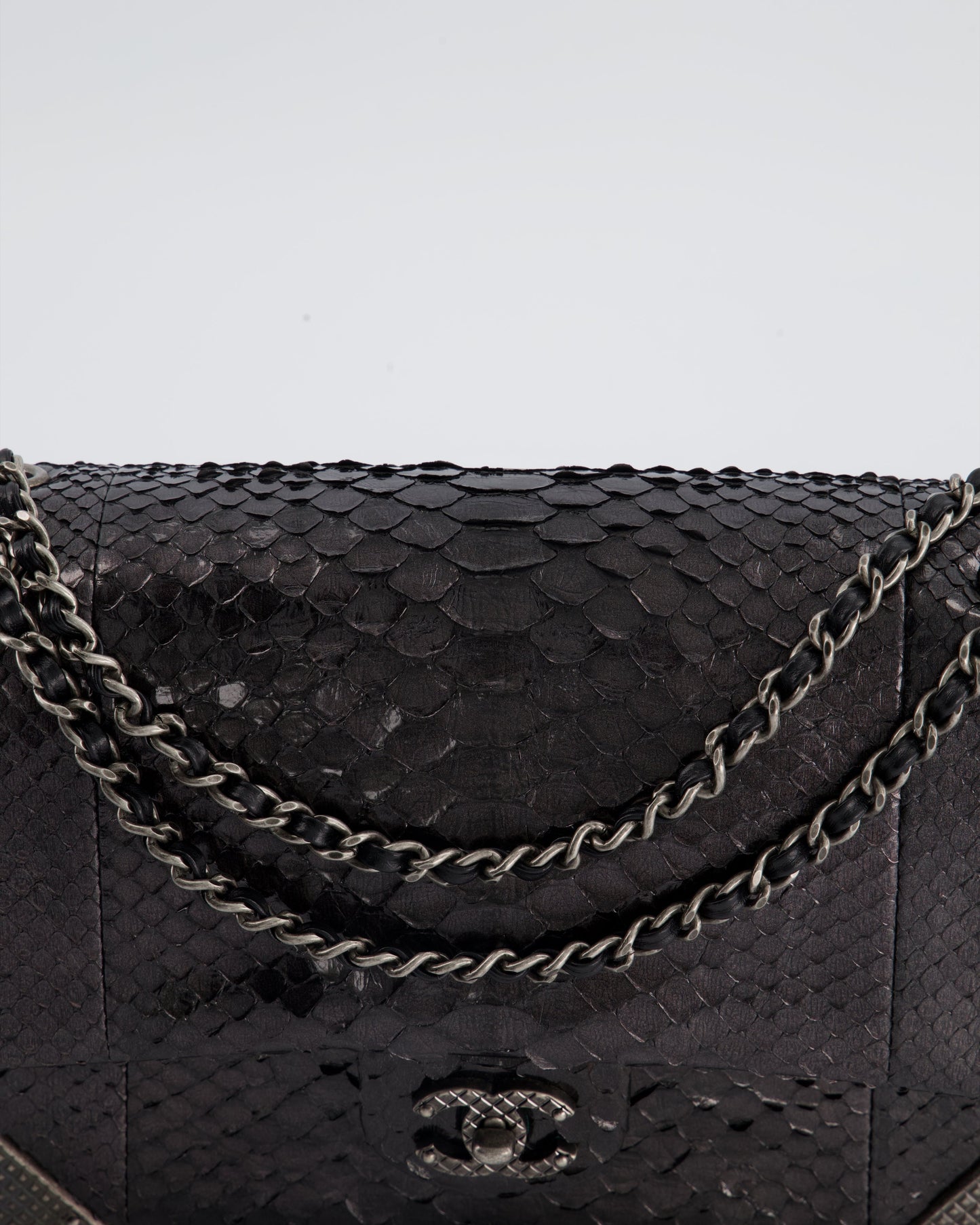 Chanel Metallic Black Python Small Single Flap Bag with Ruthenium Textured Hardware