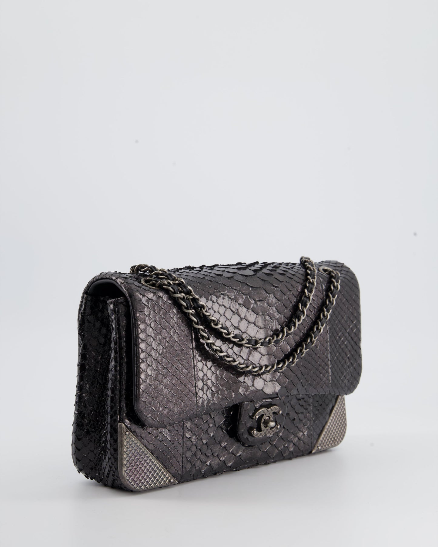 Chanel Metallic Black Python Small Single Flap Bag with Ruthenium Textured Hardware