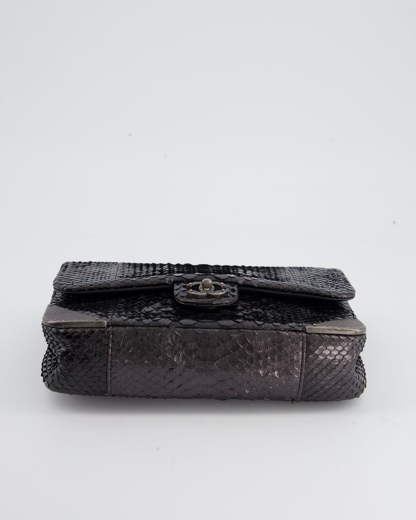 Chanel Metallic Black Python Small Single Flap Bag with Ruthenium Textured Hardware
