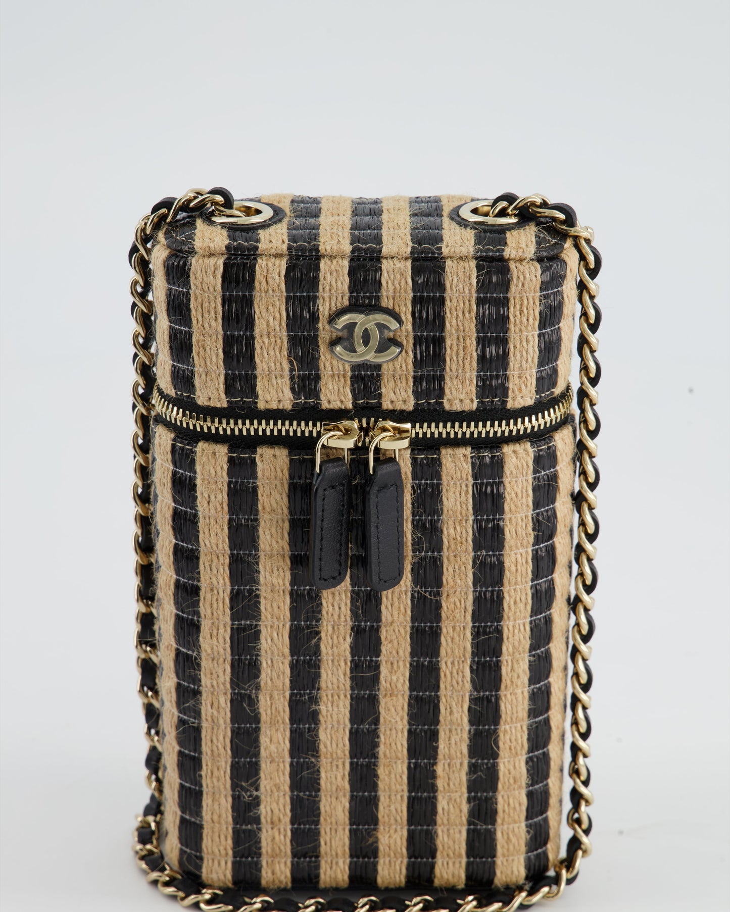 *HOT* Chanel Raffia Vanity 21P Beige and Black Cross-Body Bag with Champagne Gold Hardware