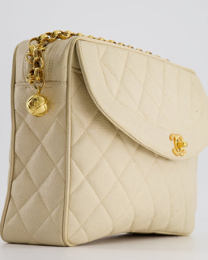 Chanel Vintage Beige Camera Flap Bag in Caviar Leather with Gold Hardware