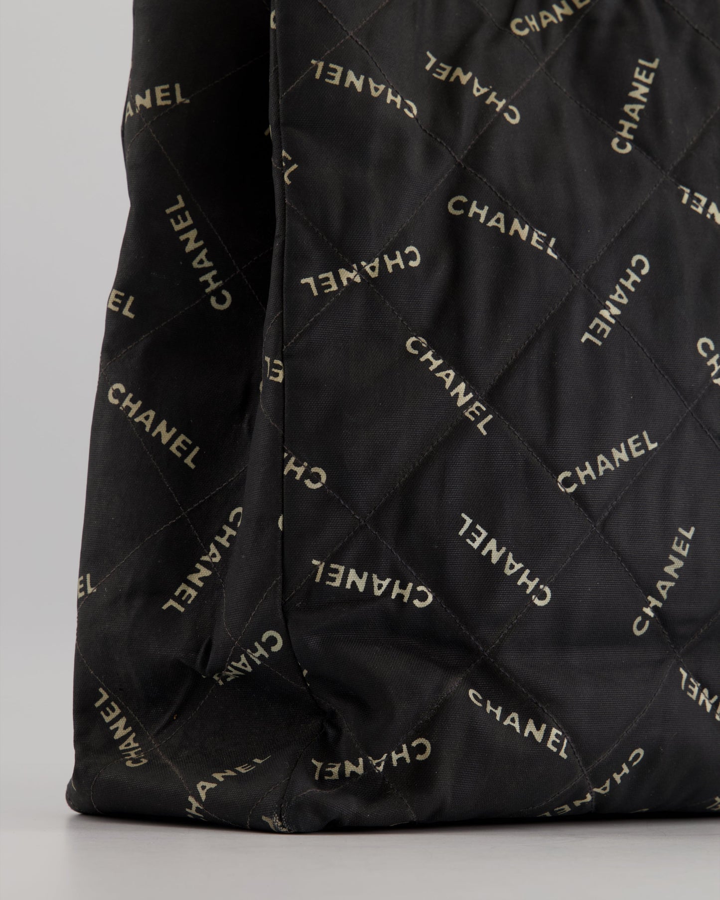 *RARE* Chanel Vintage Black Bag in Quilted Canvas Logo Print with Gold Hardware