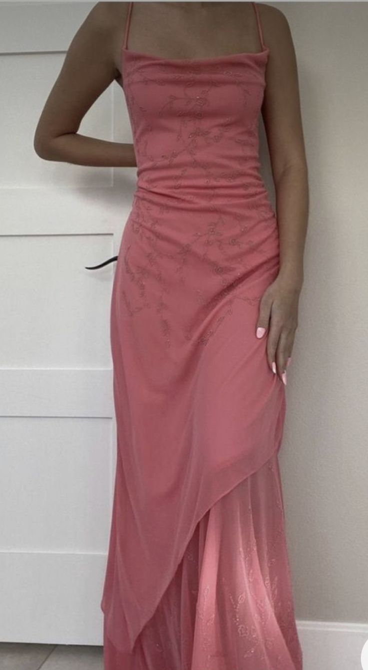 Beautiful Sheath Spaghetti Straps Pink Long Chiffon Prom Dress With Pleated P2310