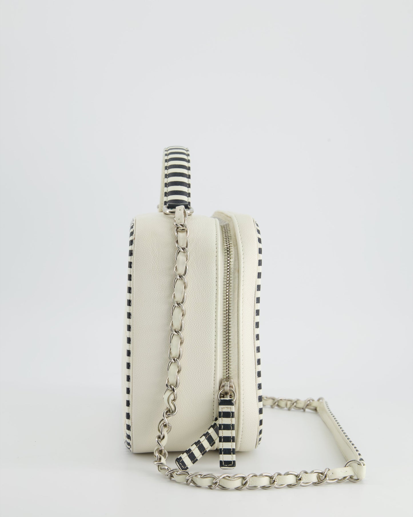 *HOT* Chanel White Caviar Vanity Case with Zebra Motif CC Logo and Silver Hardware