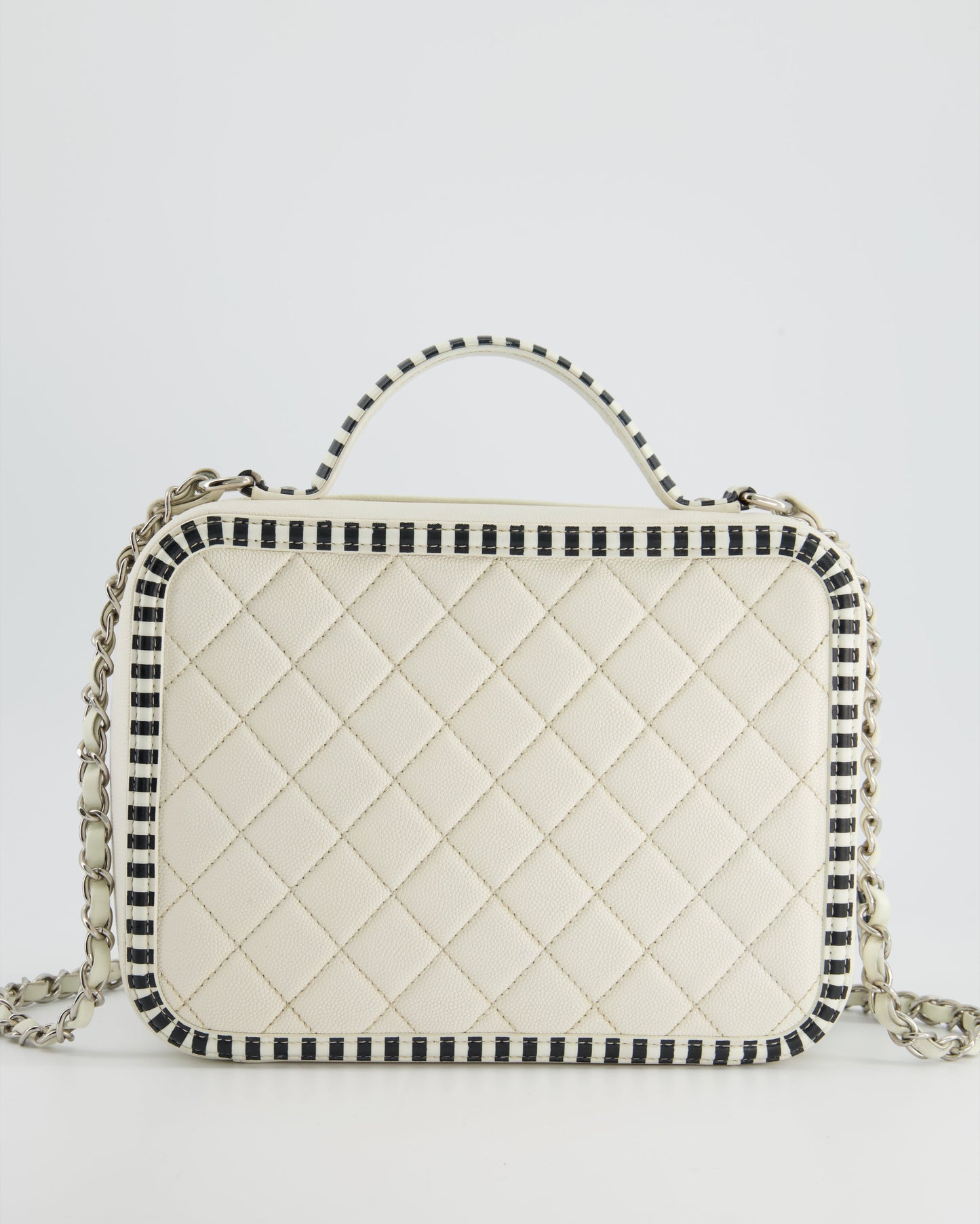 *HOT* Chanel White Caviar Vanity Case with Zebra Motif CC Logo and Silver Hardware