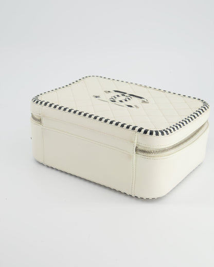 *HOT* Chanel White Caviar Vanity Case with Zebra Motif CC Logo and Silver Hardware