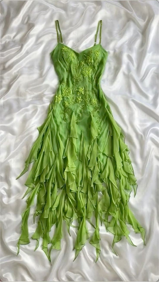 Beautiful A Line Spaghetti Straps Green Chiffon Prom Dress With Ruffles P2311