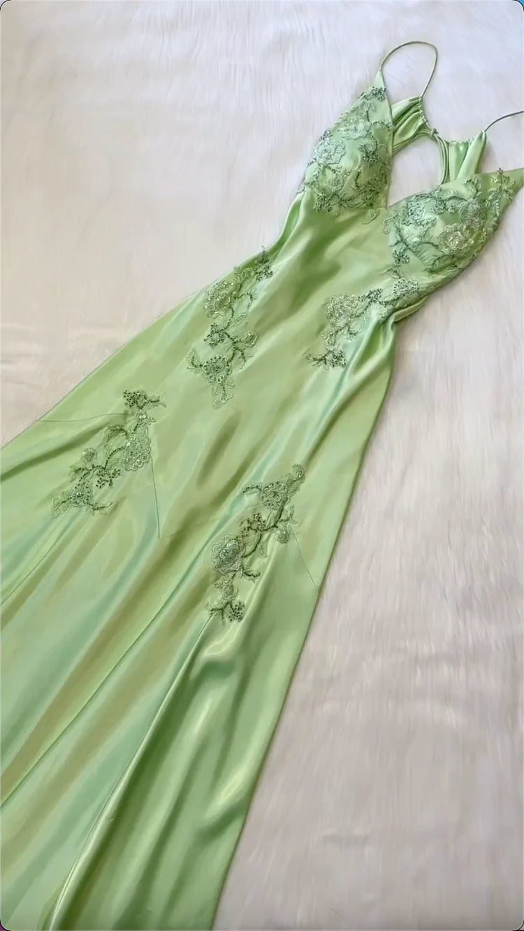 Beautiful A Line Spaghetti Straps Green Long Prom Dresses Backless Satin Evening Gowns P2314