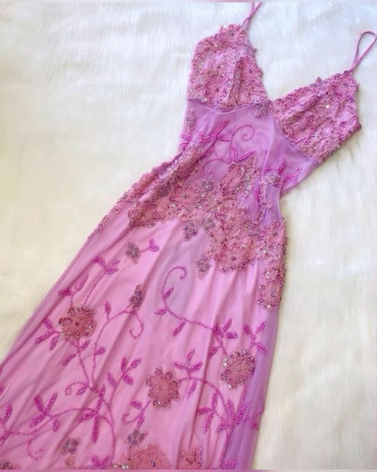 Beautiful A Line Spaghetti Straps Pink Long Prom Dresses Backless Tulle Evening Gowns P2315