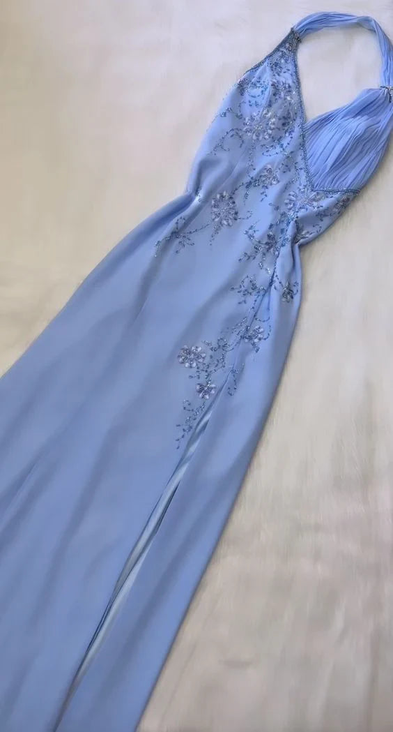 Beautiful light blue A-line strap blue delicate floral rhinestone sequin beaded backless long slit chiffon ball gown evening gown prom gown birthday party dress gh3805