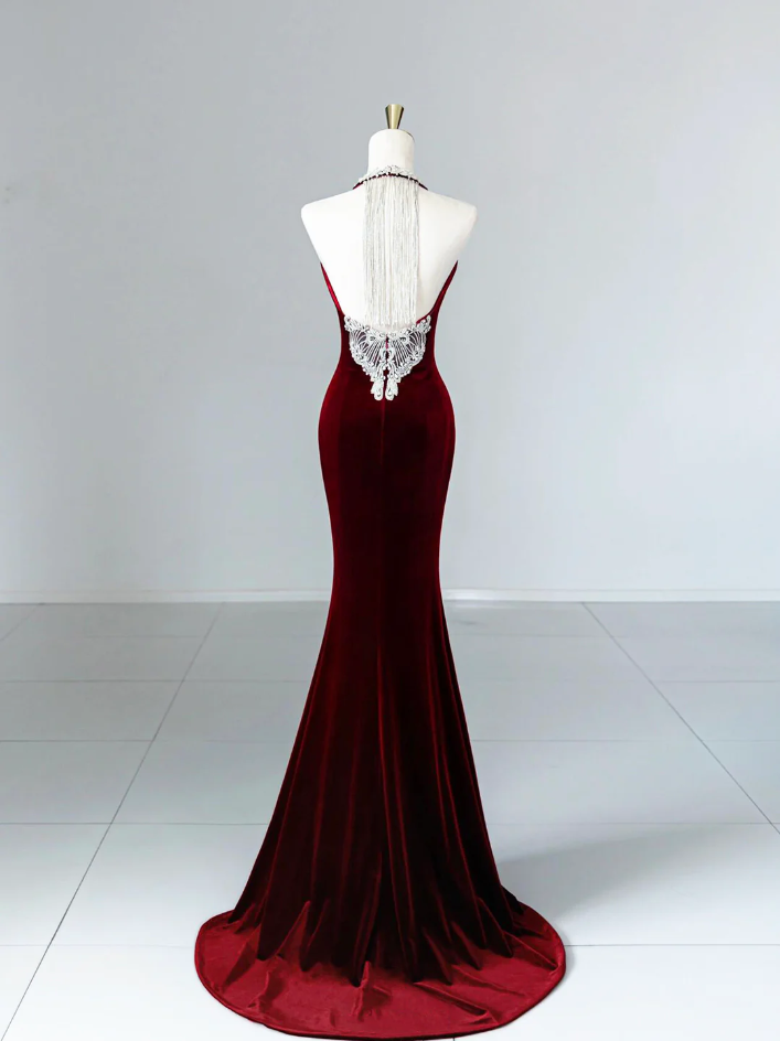 Modest Mermaid Scoop Neckline Burgundy Velvet Long Party Dress Prom Dress P2333