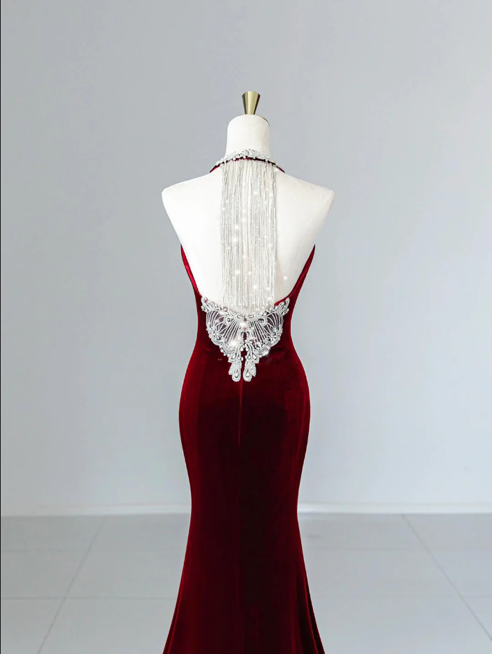 Modest Mermaid Scoop Neckline Burgundy Velvet Long Party Dress Prom Dress P2333