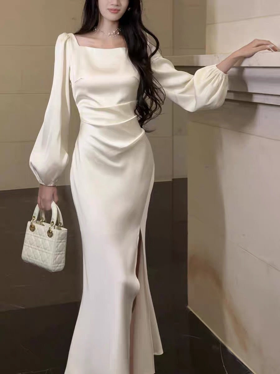 Classy Mermaid Square Neckline Long Sleeves Slit Prom Dresses Evening Gowns P2348