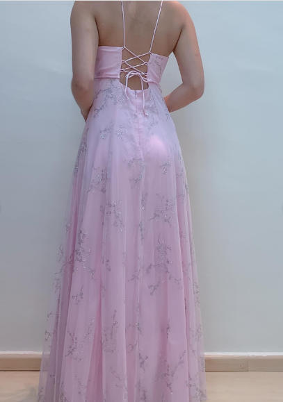 Chic A line V Neckline Pink Chiffon Evening Dress Long Prom Dresses P2363