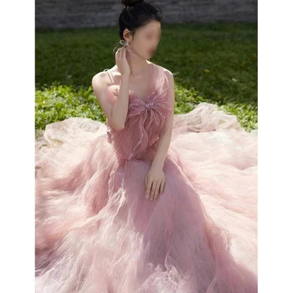 Sexy Ball Gown Spaghetti Straps Pink Tulle Evening Dress Prom Dresses P2394