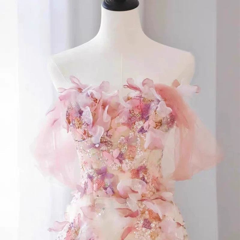 Sexy A Line Off The Shoulder Pink Tulle Floor Length Floral Prom Dresses P2395