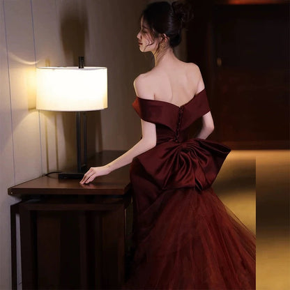 Sexy Mermaid Off The Shoulder Burgundy Tulle Floor Length Floral Prom Dresses P2396