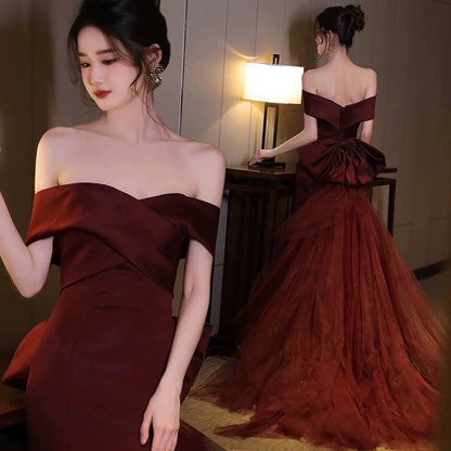 Sexy Mermaid Off The Shoulder Burgundy Tulle Floor Length Floral Prom Dresses P2396