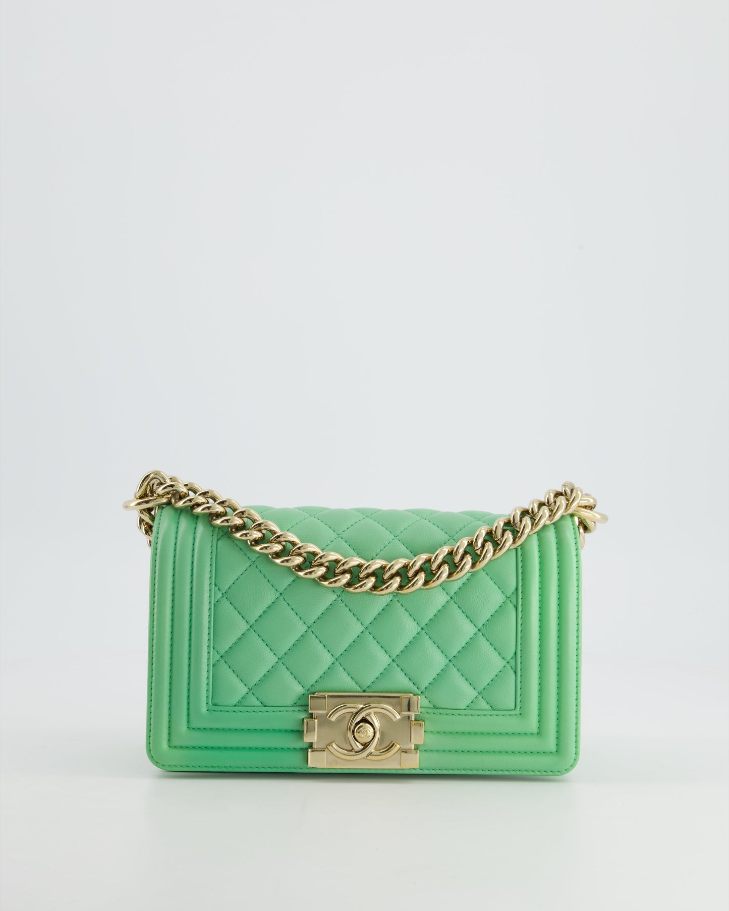 *HOT* Chanel Mint Green Small Boy Bag in Shiny Calfskin Leather with Champagne Gold Hardware