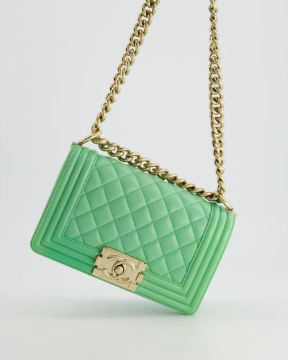 *HOT* Chanel Mint Green Small Boy Bag in Shiny Calfskin Leather with Champagne Gold Hardware