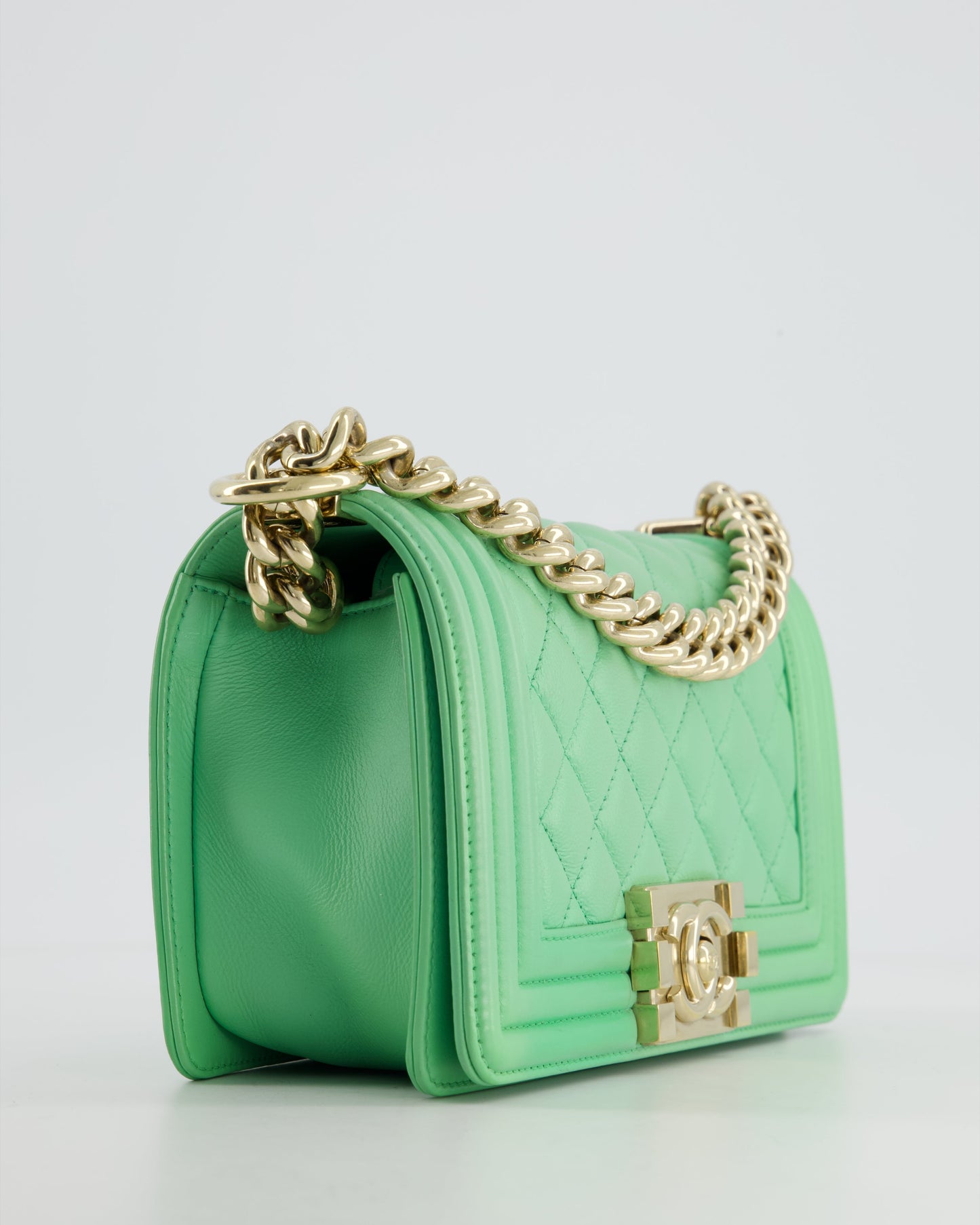 *HOT* Chanel Mint Green Small Boy Bag in Shiny Calfskin Leather with Champagne Gold Hardware