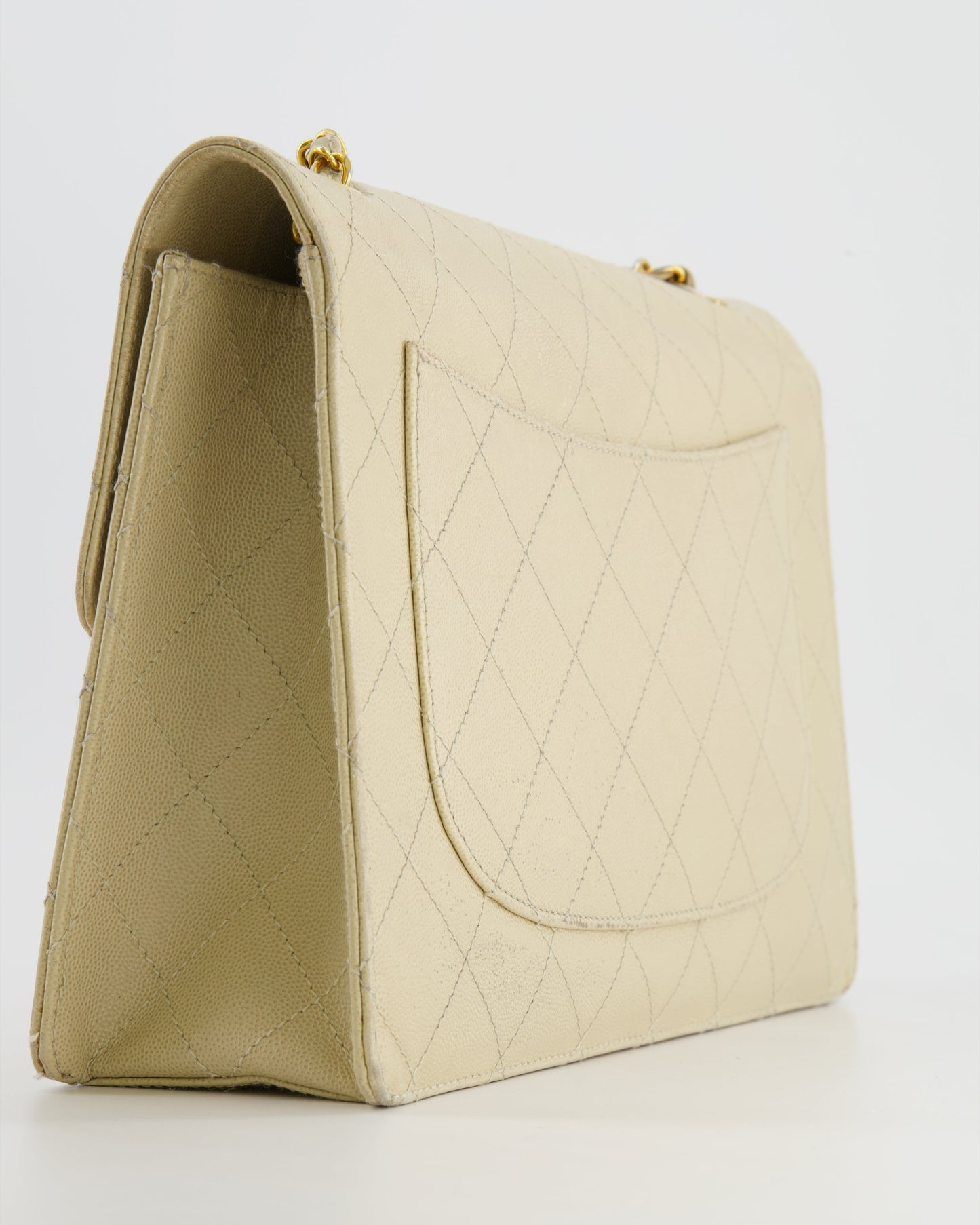 Chanel Vintage Beige Large Single Flap Bag in Caviar Leather with 24k Gold Hardware