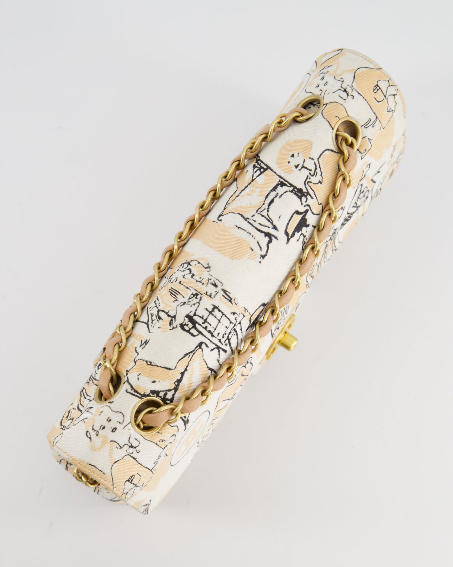 Chanel Peach and White Vintage Coco Print Classic Medium Double Flap Bag in Fabric with Brushed Gold Hardware