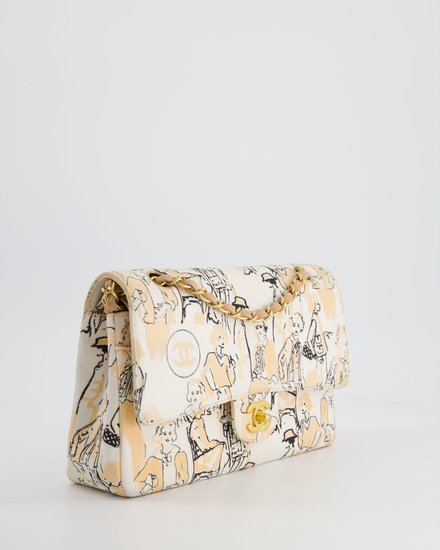 Chanel Peach and White Vintage Coco Print Classic Medium Double Flap Bag in Fabric with Brushed Gold Hardware