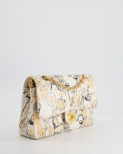 Chanel Peach and White Vintage Coco Print Classic Medium Double Flap Bag in Fabric with Brushed Gold Hardware