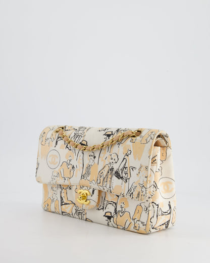Chanel Peach and White Vintage Coco Print Classic Medium Double Flap Bag in Fabric with Brushed Gold Hardware