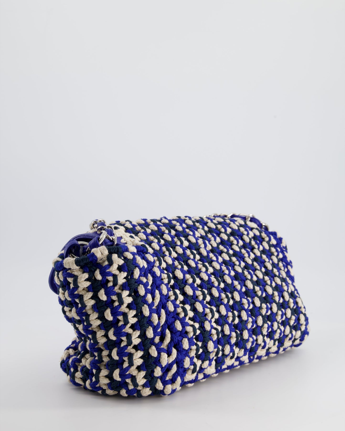 *RARE* Chanel Navy, Blue and Cream Crochet Flap Bag with Silver Hardware