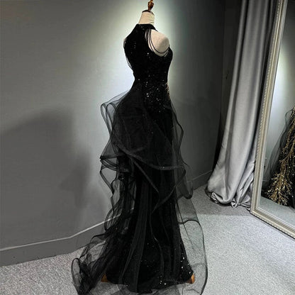 Sexy Mermaid Scoop Neckline Black Sequin Floor Length Prom Dresses P2401