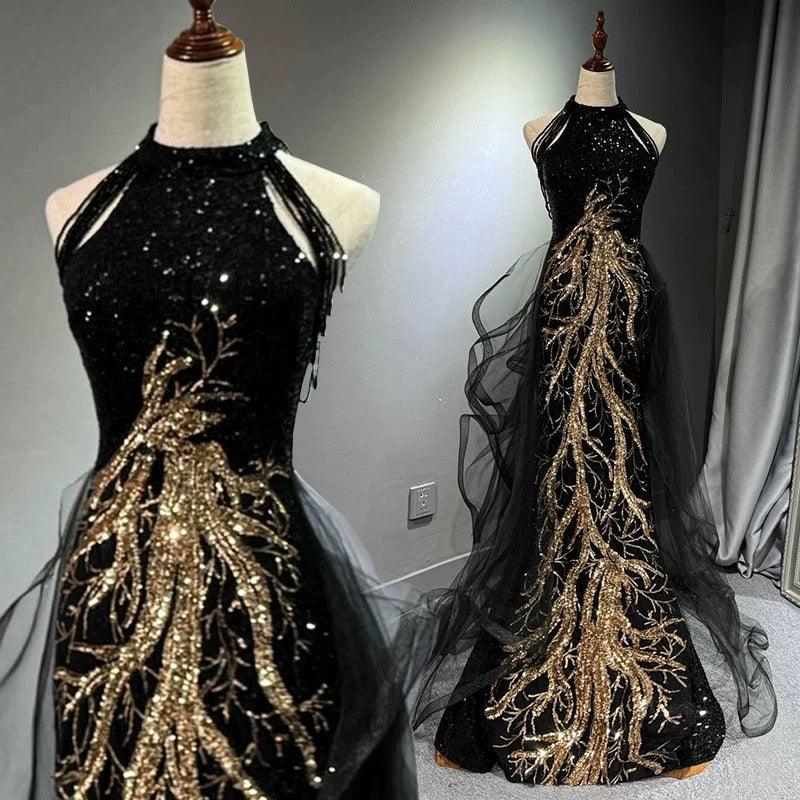 Sexy Mermaid Scoop Neckline Black Sequin Floor Length Prom Dresses P2401