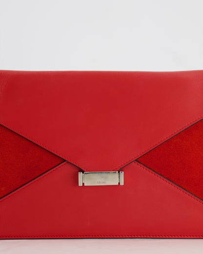 Céline Red Leather and Suede Envelope Pouch Bag with Silver Hardware