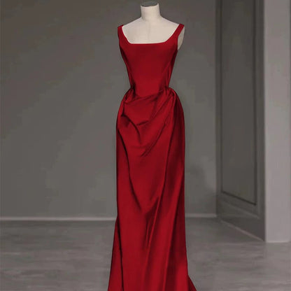 Sexy Mermaid Square Neckline Red Satin Floor Length Prom Dresses P2402