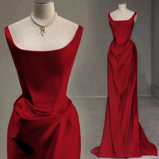 Sexy Mermaid Square Neckline Red Satin Floor Length Prom Dresses P2402