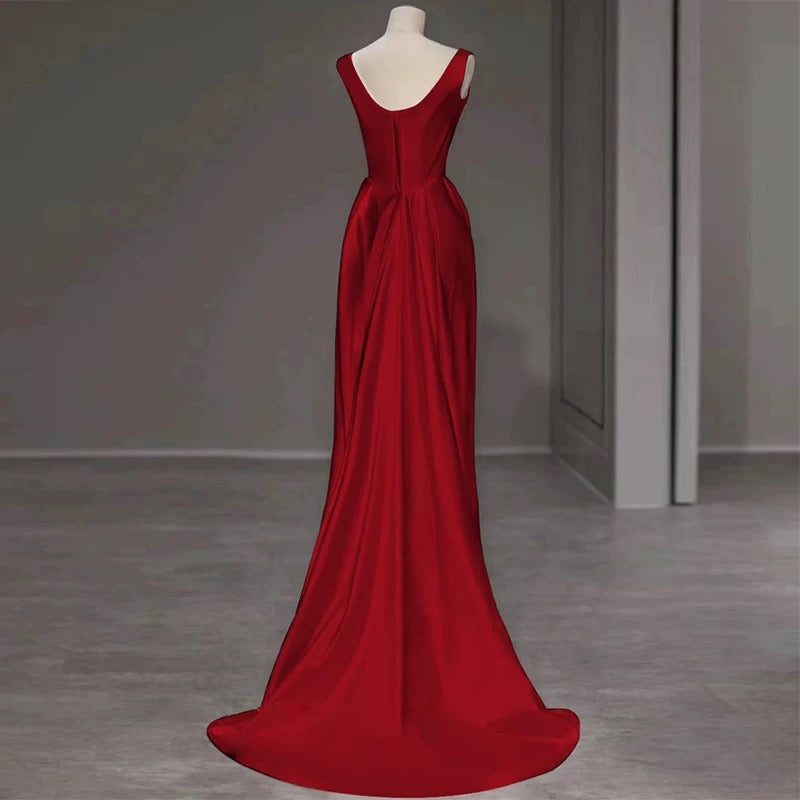 Sexy Mermaid Square Neckline Red Satin Floor Length Prom Dresses P2402