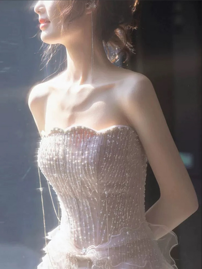 Sexy Mermaid Strapless Neckline Sequin Long Floor Length Pearls Prom Dresses P2403
