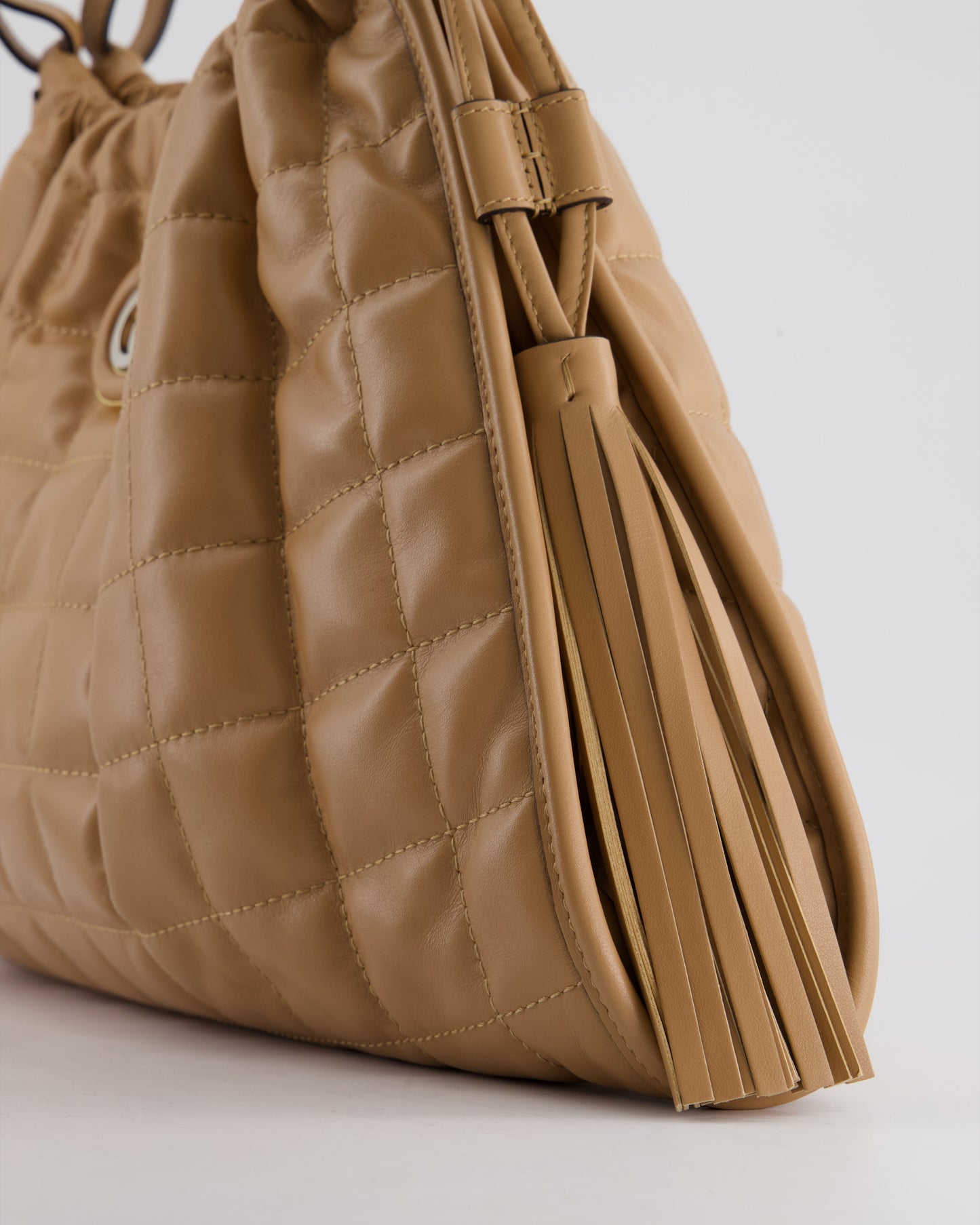 Gucci Beige Quilted Leather Shoulder Bag Dual Tone Hardware and Leather Tassels