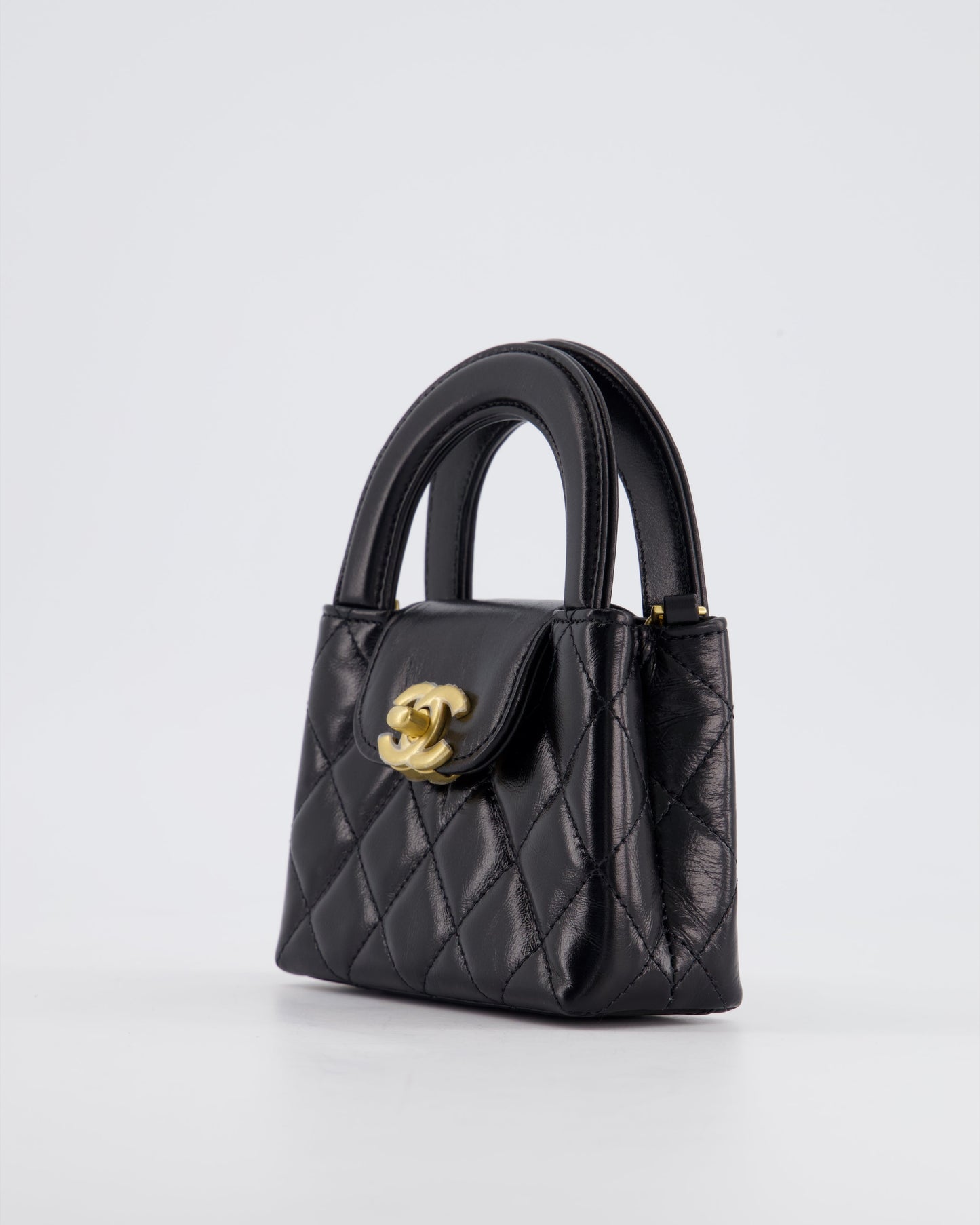 *HOT & RARE* Chanel Black Nano Kelly Shopping Bag in Calfskin Leather with Brushed Antique Gold Hardware