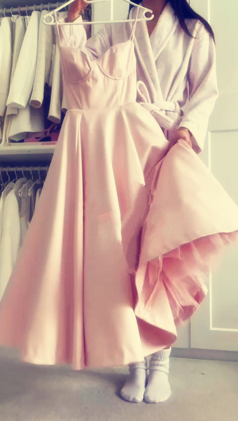 A line Spaghetti Straps Pink Satin Evening Dress Party Dress Prom Dress P2407