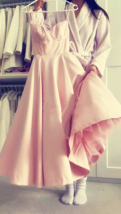 A line Spaghetti Straps Pink Satin Evening Dress Party Dress Prom Dress P2407