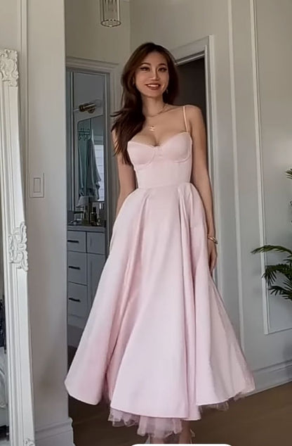 A line Spaghetti Straps Pink Satin Evening Dress Party Dress Prom Dress P2407