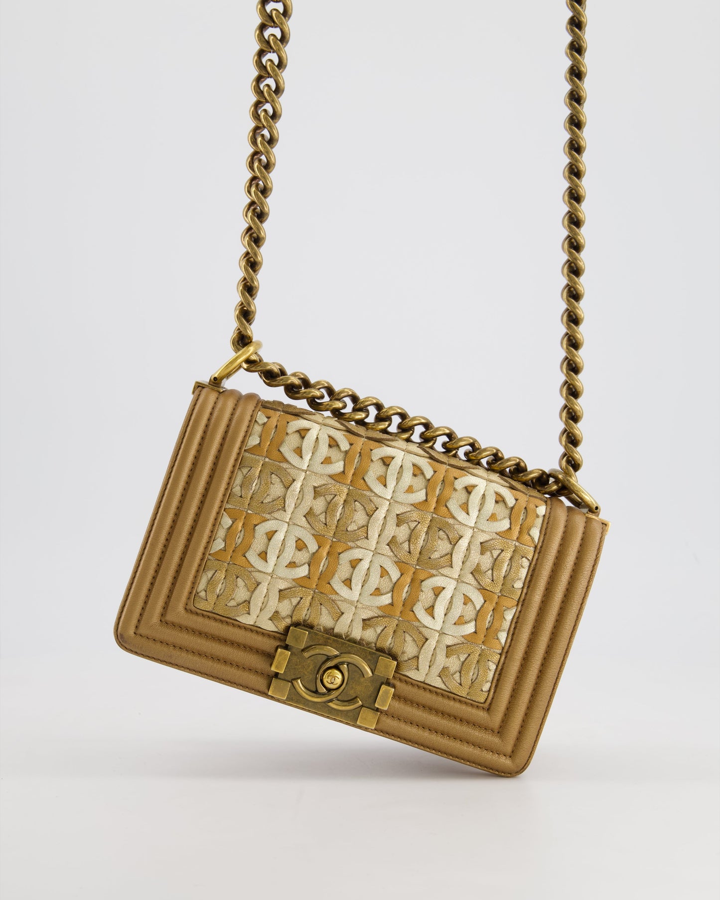 *LIMITED EDITION* Chanel Gold Metallic Small Boy Bag In Calfskin Leather with Antique Gold Hardware CC Details
