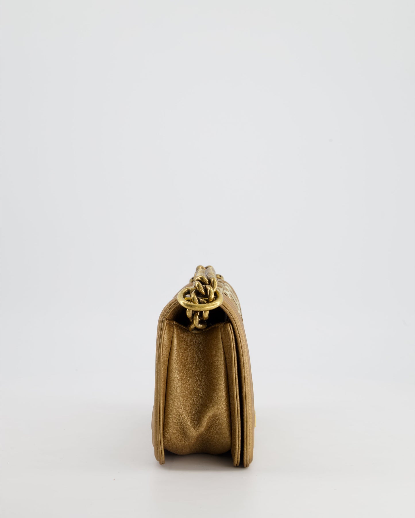 *LIMITED EDITION* Chanel Gold Metallic Small Boy Bag In Calfskin Leather with Antique Gold Hardware CC Details