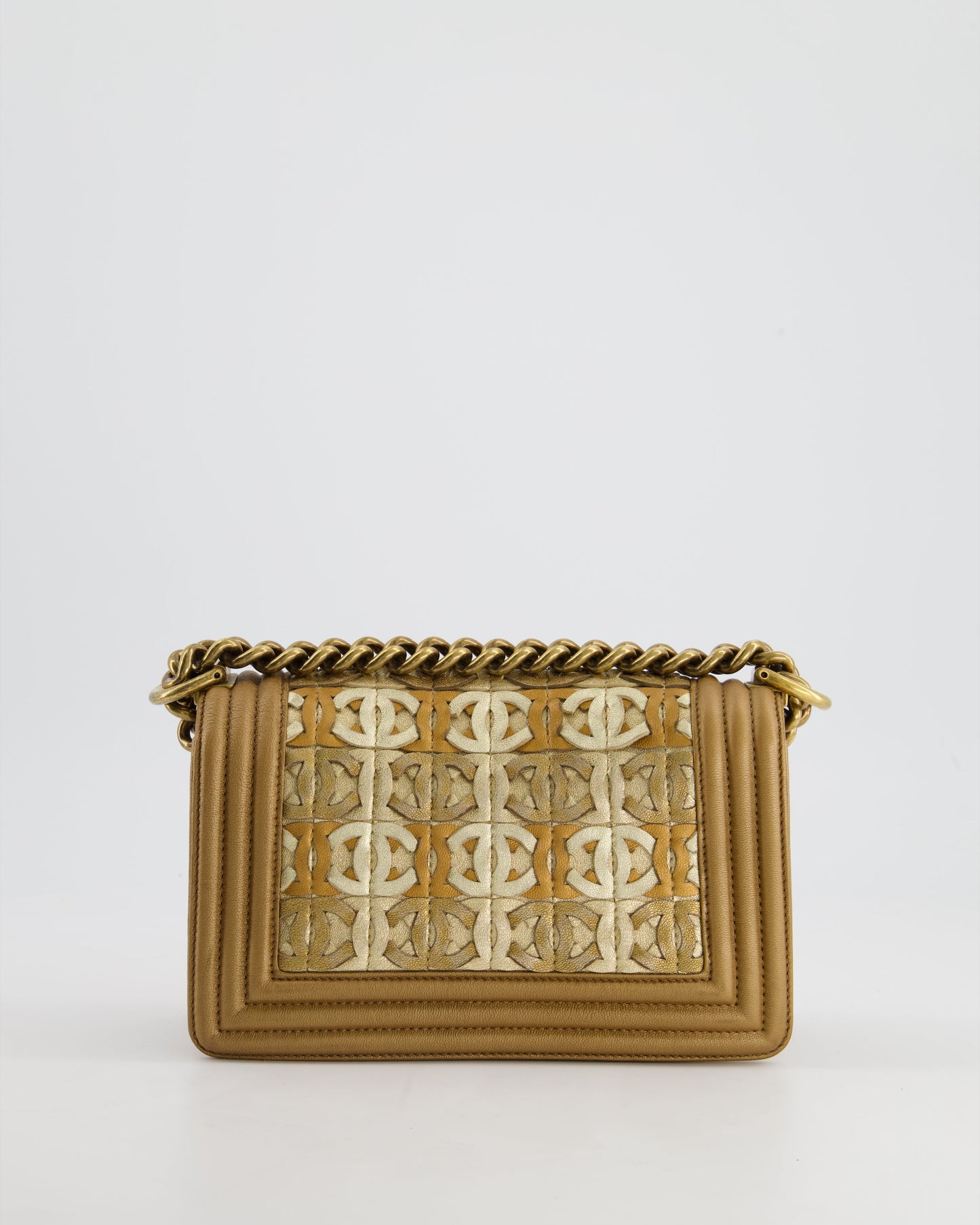 *LIMITED EDITION* Chanel Gold Metallic Small Boy Bag In Calfskin Leather with Antique Gold Hardware CC Details