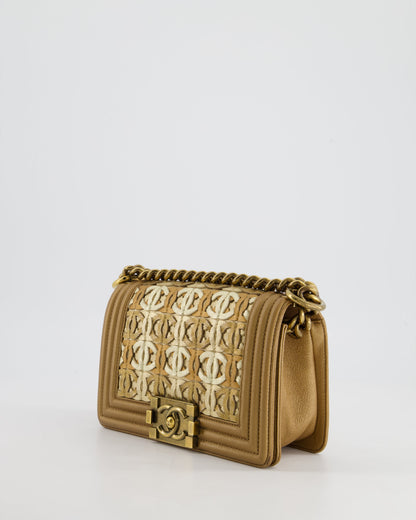 *LIMITED EDITION* Chanel Gold Metallic Small Boy Bag In Calfskin Leather with Antique Gold Hardware CC Details