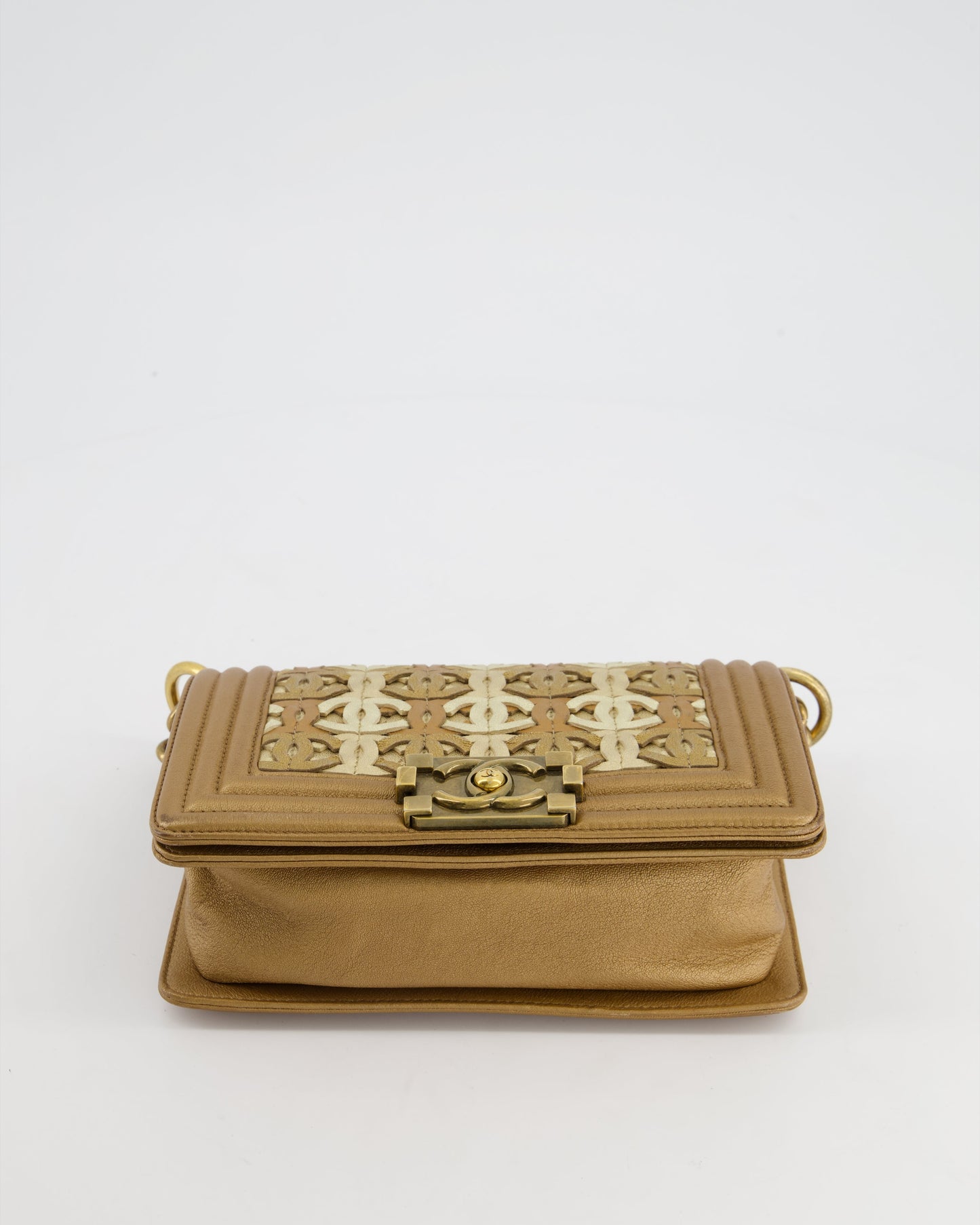 *LIMITED EDITION* Chanel Gold Metallic Small Boy Bag In Calfskin Leather with Antique Gold Hardware CC Details